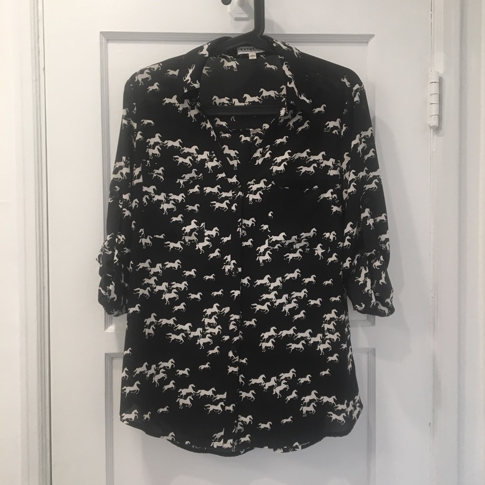 Woven Black Button-Up Blouse with White Horse Print